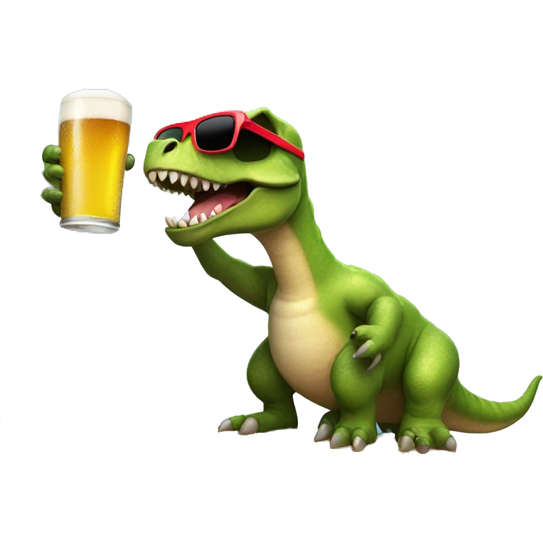 Dinosaur riding a surfboard with sunglasses on and drinking beer emoji