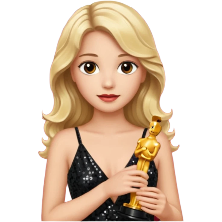 blonde model, brown eyes, long wavy hair, oscars red carpet, black sequin, holding oscar emoji