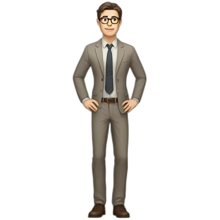 Full height Pale skinned Fit Man With dark brown hair in gray jacket, beige office shirt, tie, Brown pants and vintage glasses. Thrumbs of his palms directed up emoji