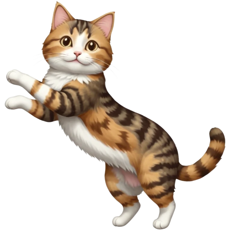 brown tabby and white cat with doing a big extremely long stretch reaching up into the air with arms and legs side by side together straight and overextended whilst lying on its side emoji
