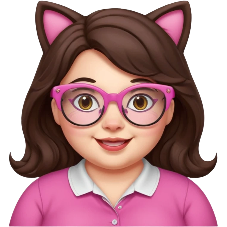 happy beautiful chubby woman English teacher, wavy long dark brown hair, wearing pink cat glasses, only the face, gamer, classroom background, for online classes emoji