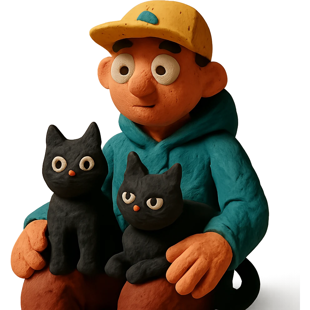 guy with a cap and hoodie, two black cats on his lap emoji