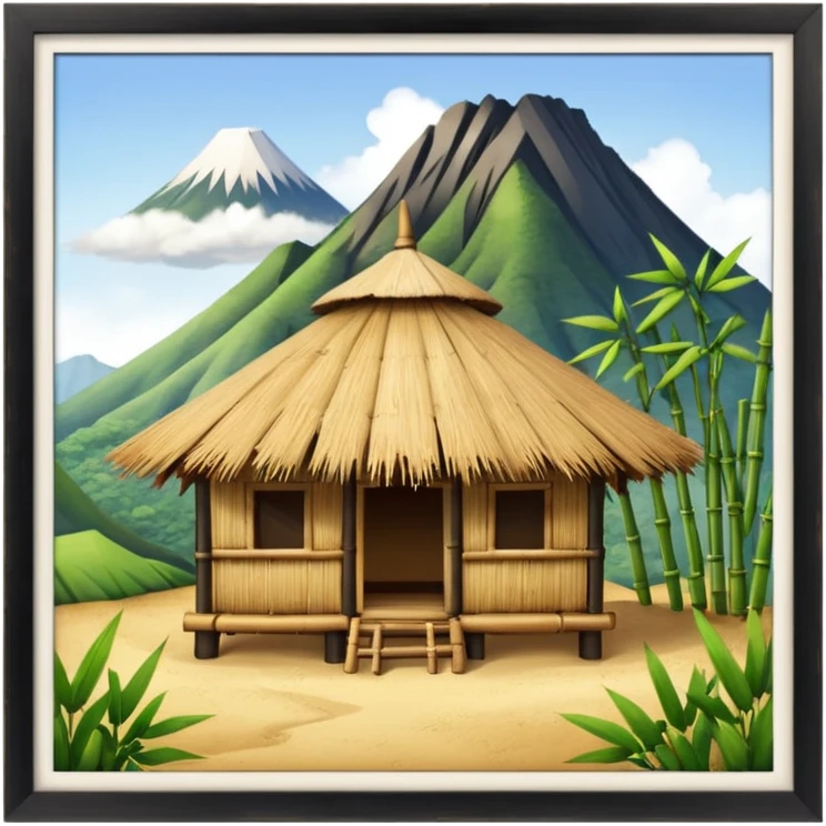 bamboo hut with volcano in the back side emoji