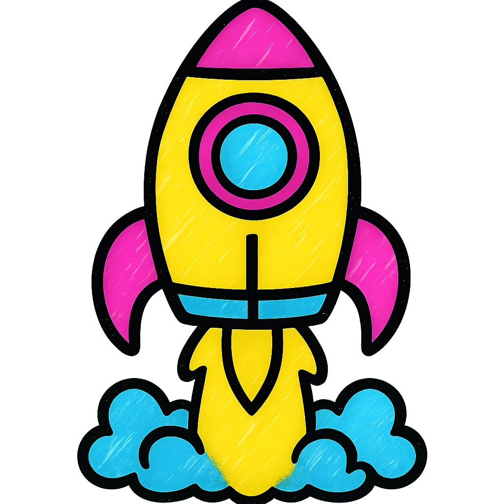 a colorful rocket ship blasting off in vibrant pop colors emoji