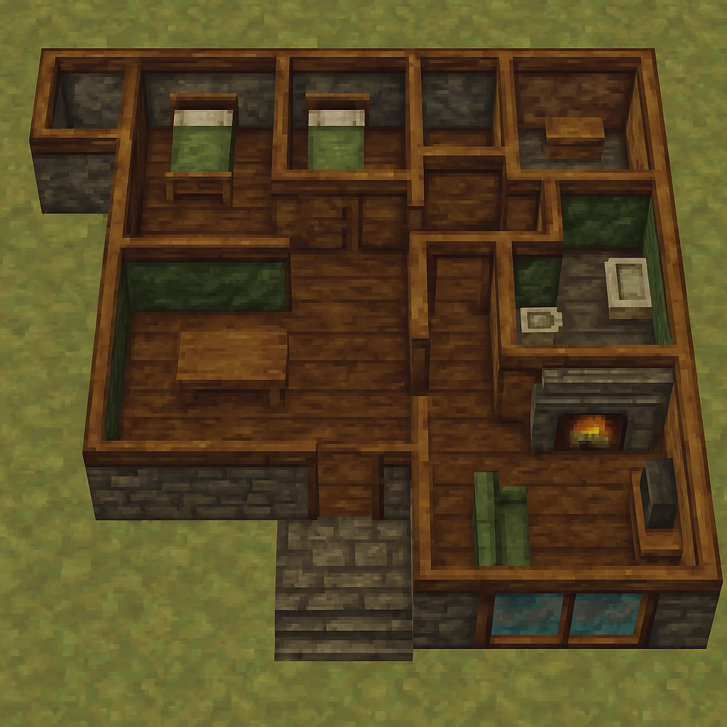 3D draft of the same floor plan: four bedrooms, two bathrooms, separate kitchen, living area with fireplace, storage room, large window, dining table, sofa/TV, technical room. Top view, rustic style, wood and stone materials. emoji