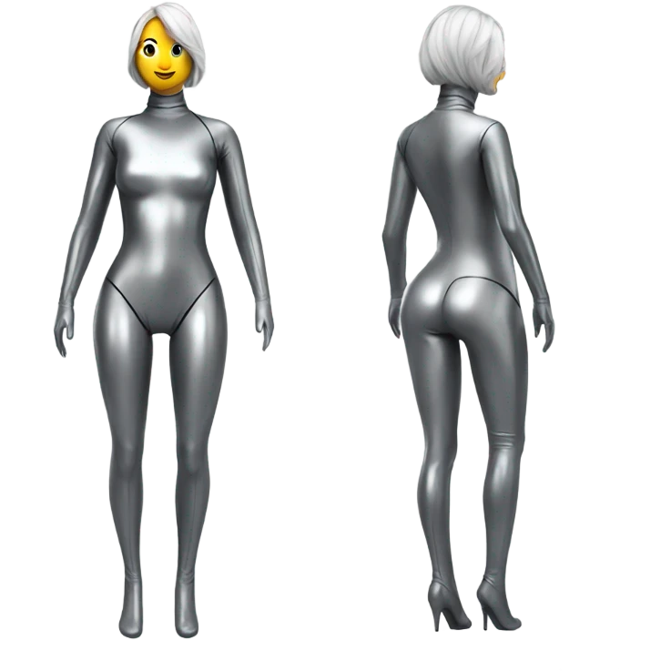 silver female latex bodysuit full front and back view emoji