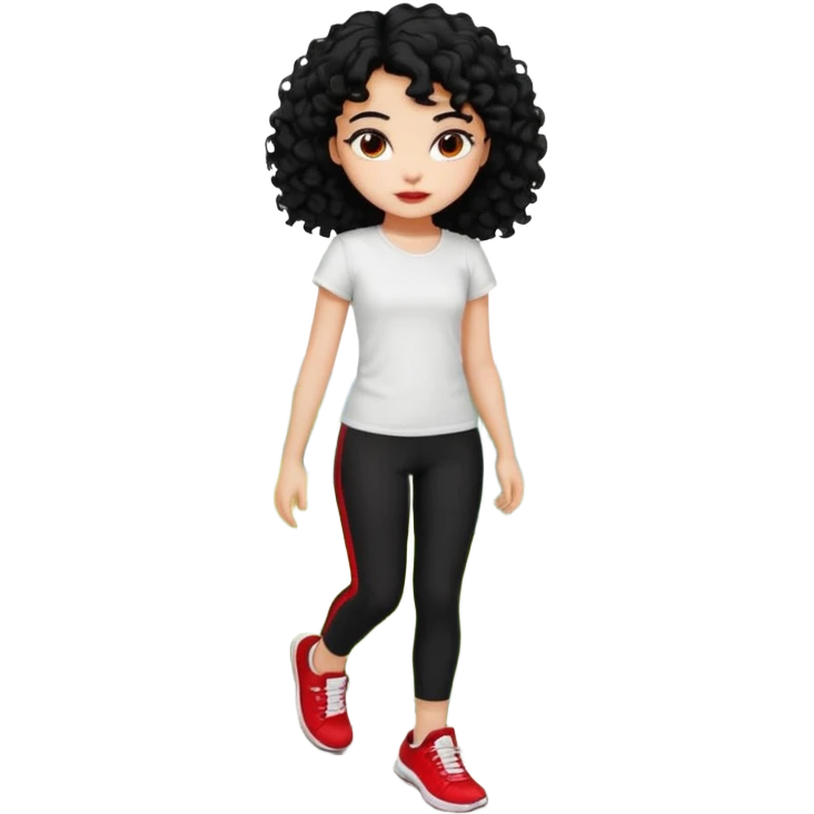 generate a pretty bratz fair skinned girl with curly black hair wearing a white tshirt trekking on a hill with red sneakers on and black leggings.  Put a hill behind her emoji