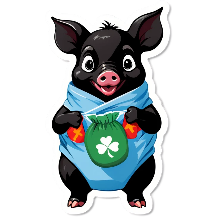 a black piglet holding 4 pouches with "luck”written on it emoji