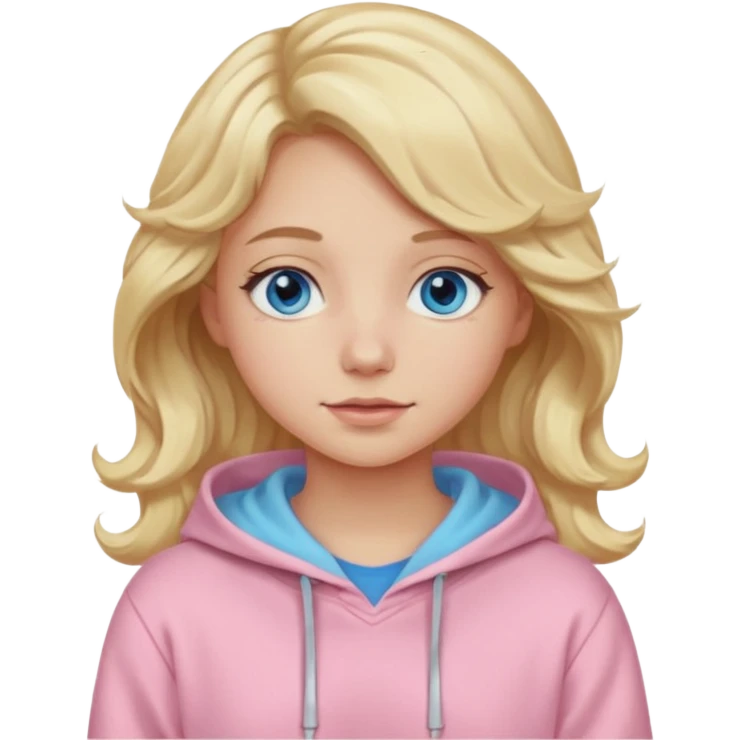 Generate a blonde girl with blue eyes with wavy hair in a pastel pink hoodie  emoji