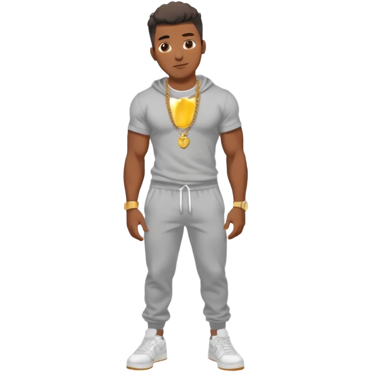 Handsome Black guy with brown skin tone, with muscular build, wearing gray sweatpants, a white t-shirt, white Air Force Ones sneakers, a small gold rope chain, and a gold watch  emoji