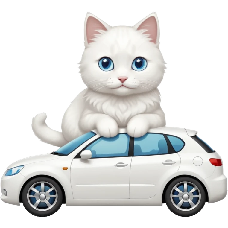 Please create a small emoji the size of 🚗 featuring a pure white cat with blue eyes on a white car side angle. emoji