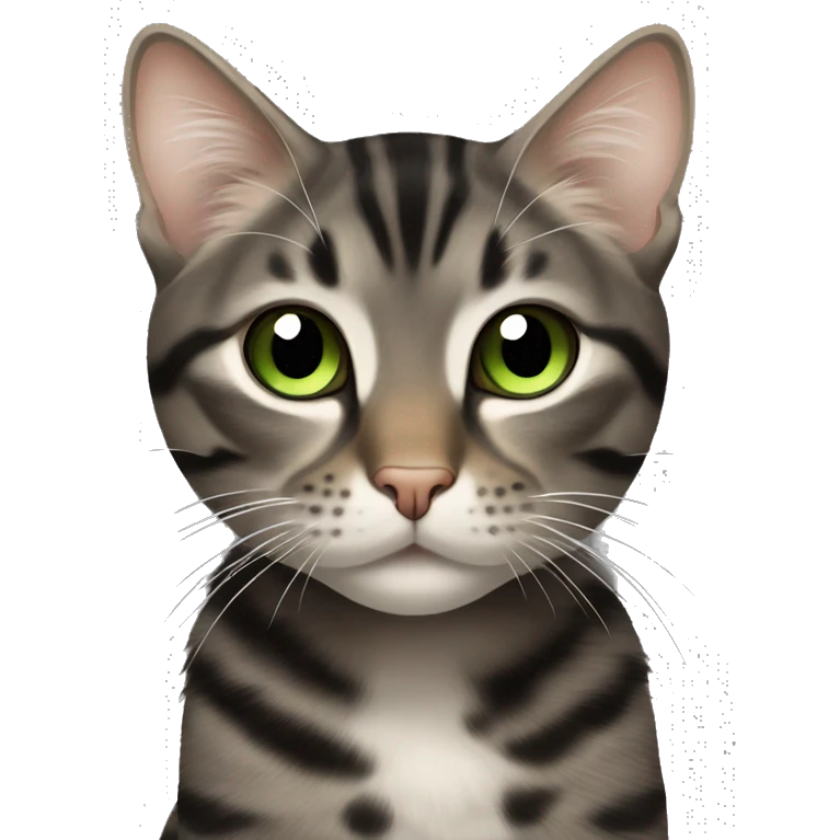 Dark brown and black and dark grey tabby dark brown black spotted with white paws cat with brown-green eyes  emoji
