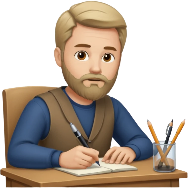 un escritor con barba y cabello medio largo raya en medio, escribiendo emoji