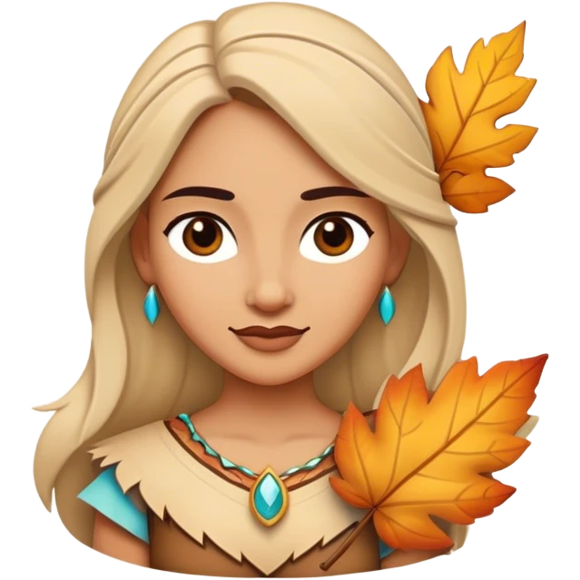 Cinematic Playful Pocahontas Portrait Emoji, Tilting her head with a knowing smirk, holding a delicate autumn leaf, eyes glimmering with adventure, an enchanting blend of confidence and charm, absolutely captivating! emoji
