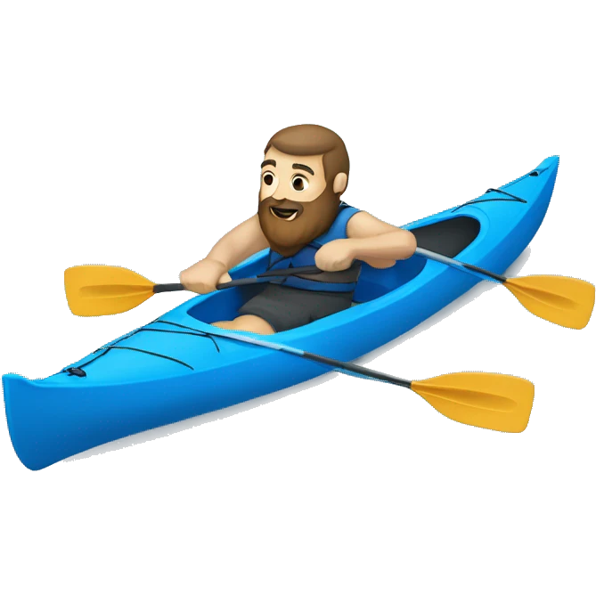 Man with beard paddling blue kayak emoji
