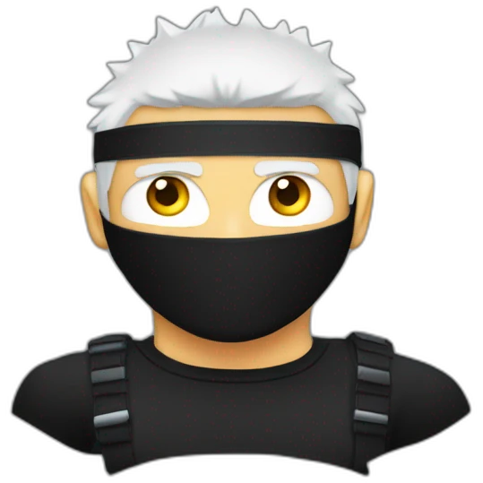 White male with spiky white hair eyes covered with black blindfold wearing a black compression shirt emoji