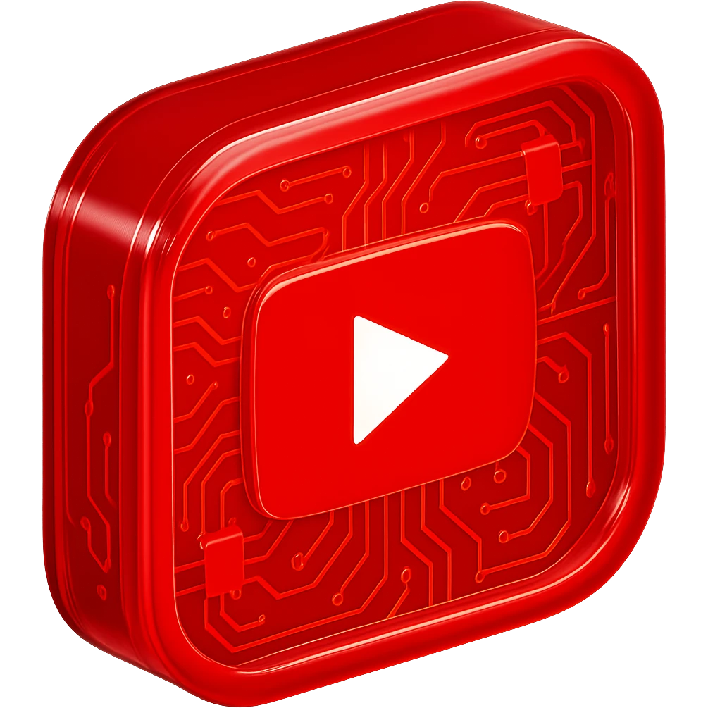 Enhance the YouTube logo by adding more intricate and visible circuit lines. Make the lightning bolt pure white and the background vivid red, maintaining the glossy circuit style vibrant and flashy. emoji