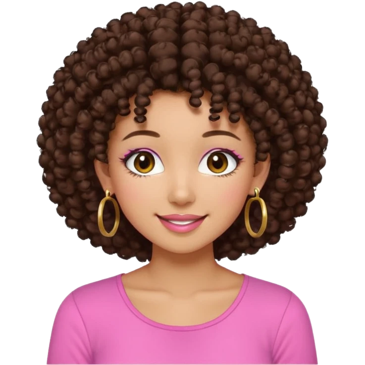 Naturally tan skin girl short darkBrown curly afropink shirt very long lashes hoop gold earrings Brown eyes gyaru smiling closed mouth cute emoji