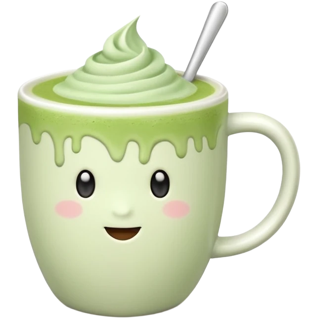 White ceramic mug of matcha latte, pastel pink background emoji
