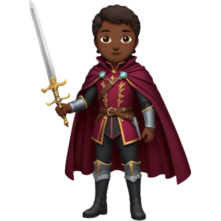 Vestimenta: Ropa de noble — chaqueta ajustada, capa corta, botas altas y espada al cinto. Colores oscuros (rojo vino, negro, granate) emoji