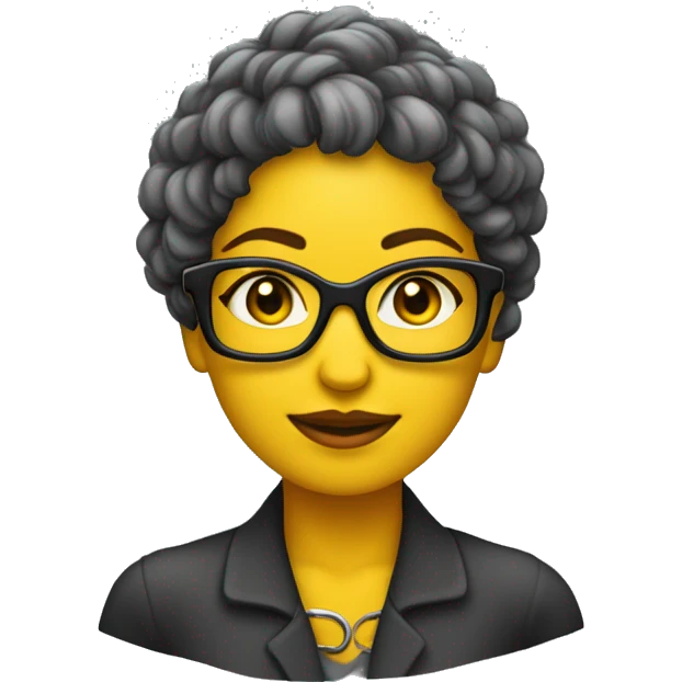 Uma mulher com cabelo amarelo,usando óculos de grau com armação preta com um colar de contas com uma pena emoji