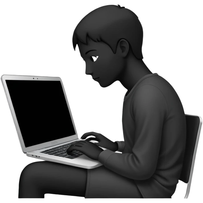 Minimalistic flat vector icon, iOS style, thin black contour on white background. Person silhouette sitting with a laptop, code brackets <> on the screen. Clean, no te emoji