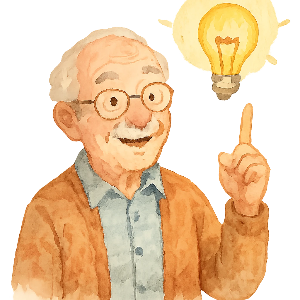 watercolor style elderly man pointing his finger up at a light bulb, pretending that he has an idea emoji