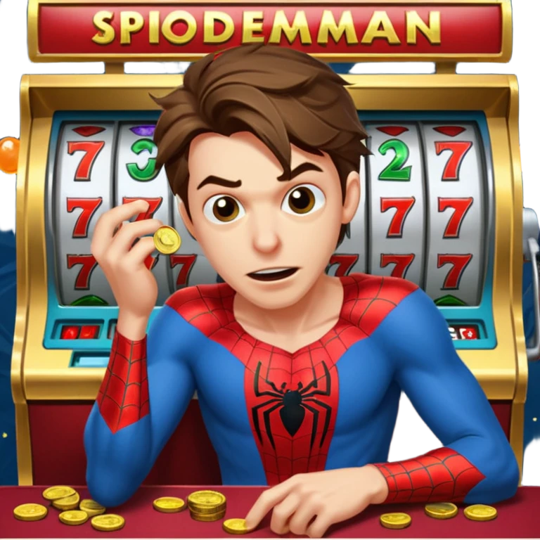 disheveled spiderman losing money at a slot machine, panicked face, coins flying emoji