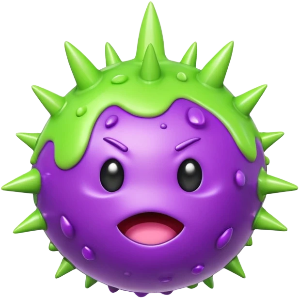A cute but grumpy 3D render icon of a virus. A spherical shape covered in rounded mushroom-like spikes. Glossy plastic material, cartoonish style. Color palette: bright slime green and purple spikes. Soft studio lighting. Isolated on a solid light background. Minimalist design. emoji