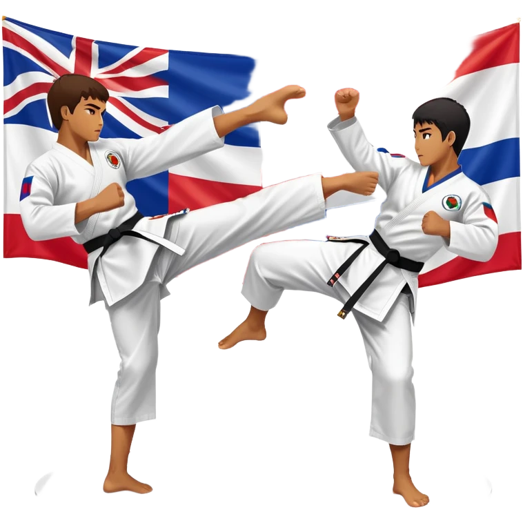 Two taekwondo fighters in a competition arena, one performing a high spinning kick towards the opponent’s head, while the other blocks with a precise guard. The background features a dynamic, bright arena with flags, emphasizing speed and agility in the martial art. Transparent background  emoji