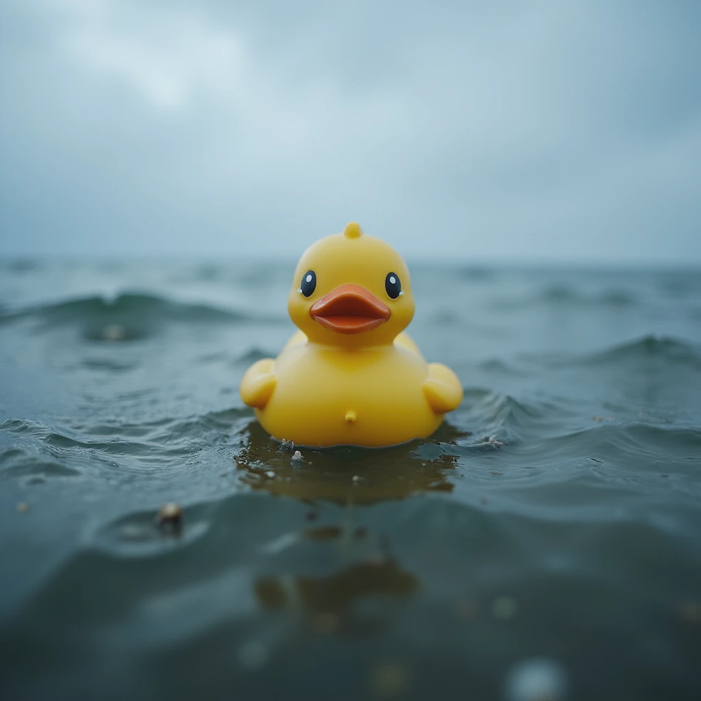  Cinematic still, Extreme Closeup shot of Yellow duck toy on ocean during cloudy day, stormy sea, Camera from top, inspired by interstellar emoji