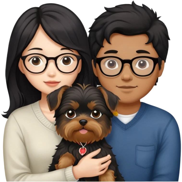 A couple holding a small Yorkshire Terrier together. The girl is Asian with long, luscious wavy black hair (loose, no hair tie). She is next to her boyfriend, a brown-skinned man wearing glasses with a korean haircut emoji