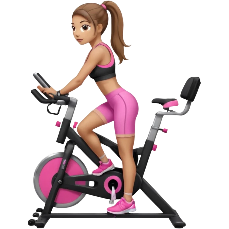 Light skin girl with long light brown hair in a pony tail, black workout set leaning on a indoor spin bike with NO HELMET, can we add a pink sports bra  emoji