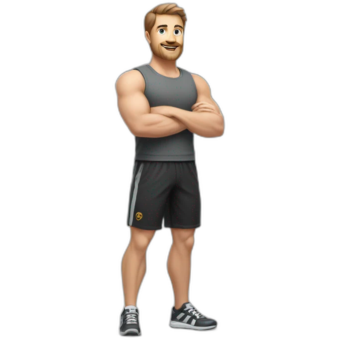 Full height realistic Actively gesturing with hands Pale skinned Fit Man With the biceps and brown hair in dark gray Sleeveless Mike, black oversize sports shorts, watch and white Sneakers emoji