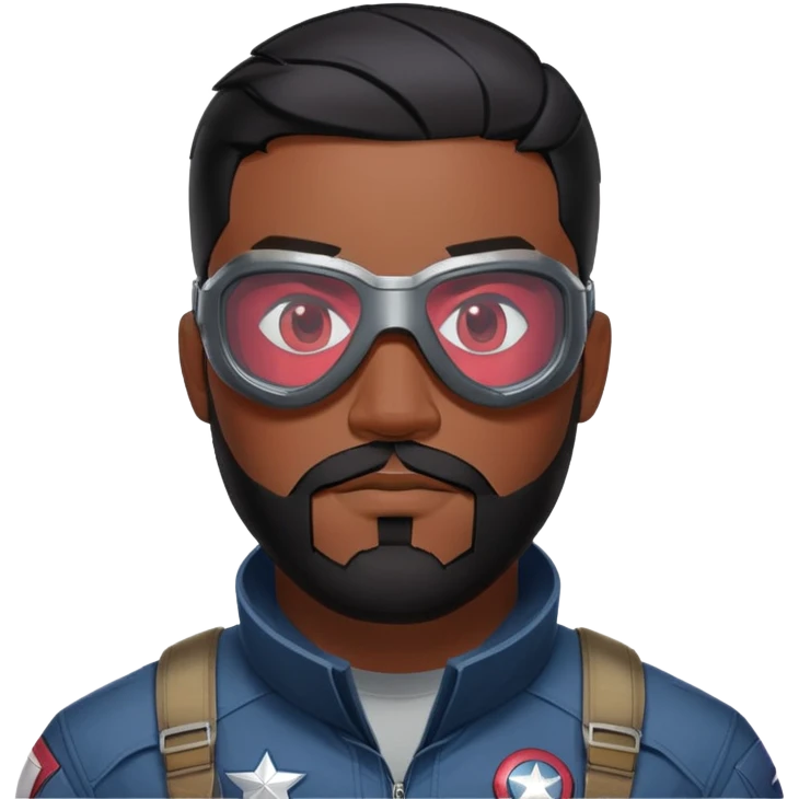 sam wilson with  short, neatly cropped black hair and a well-groomed beard that connects to his mustache,  wear sleek, red-tinted tactical goggles fit snugly from captain america: civil war emoji