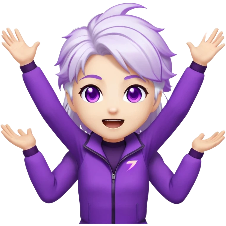 Chibi Sable Ward with excited hype expression, both arms raised high, eyes shining, white hair with purple streaks, fully purple eyes, energy effect around her, extremely excited emoji