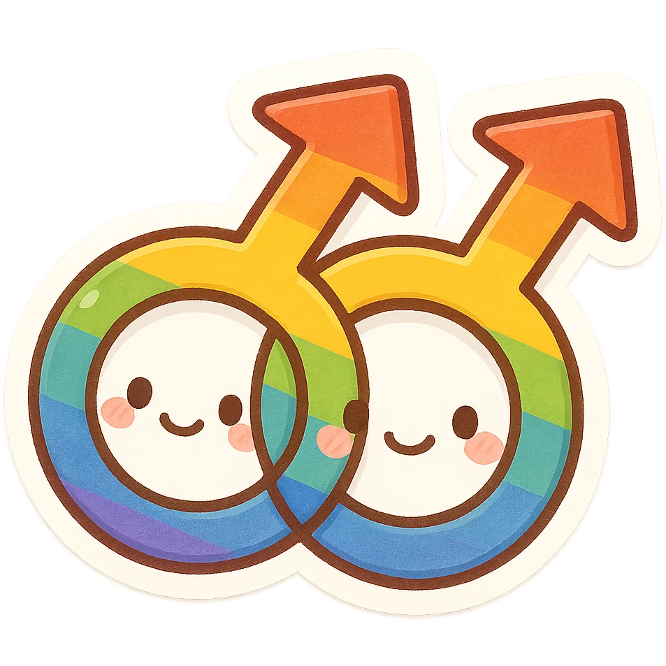 gay pride two interlocked male symbols, rainbow colors, chibi style emoji
