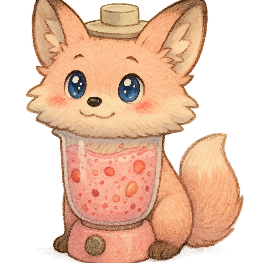 a chibi blender as a soft, fluffy fox with a transparent body filled with fruity smoothie, sparkling eyes, pastel pink, full-body emoji