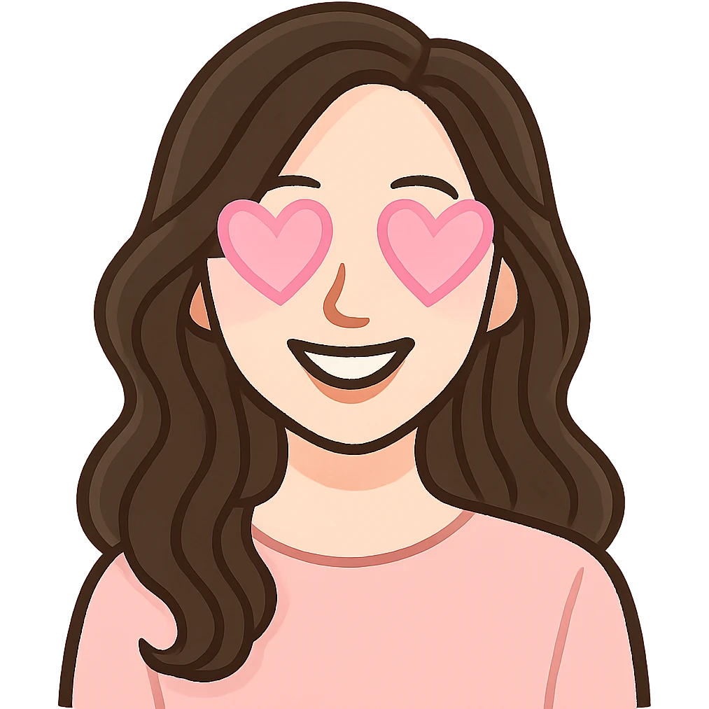 A white Barbie girl with long dark brown wavy hair in pale pink clothes has pale pink hearts instead of eyes emoji