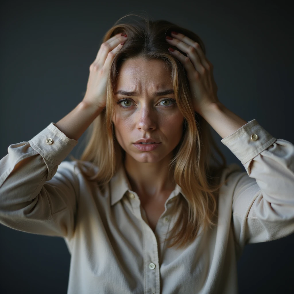 woman with hands in hair, stressed and nervous expression, hyperrealism 4K, variation 9 emoji