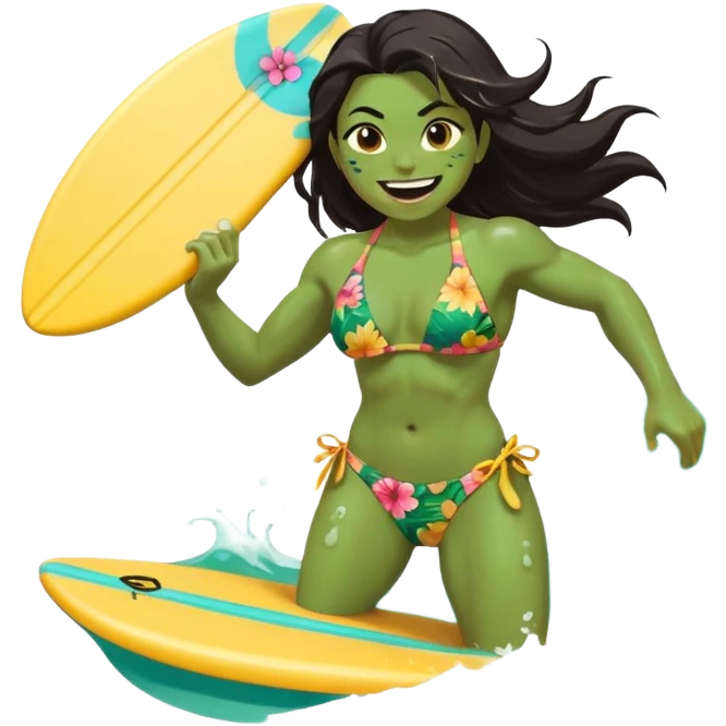 ork female holding small yellow bodyboard, running through shallow turquoise waves, muscular green body, bright floral bikini, fierce joyful grin showing tusks, long wet dark hair splashing, foam and spray, minimalist beach and ocean background, centered emoji, vibrant summer colors, sticker style emoji