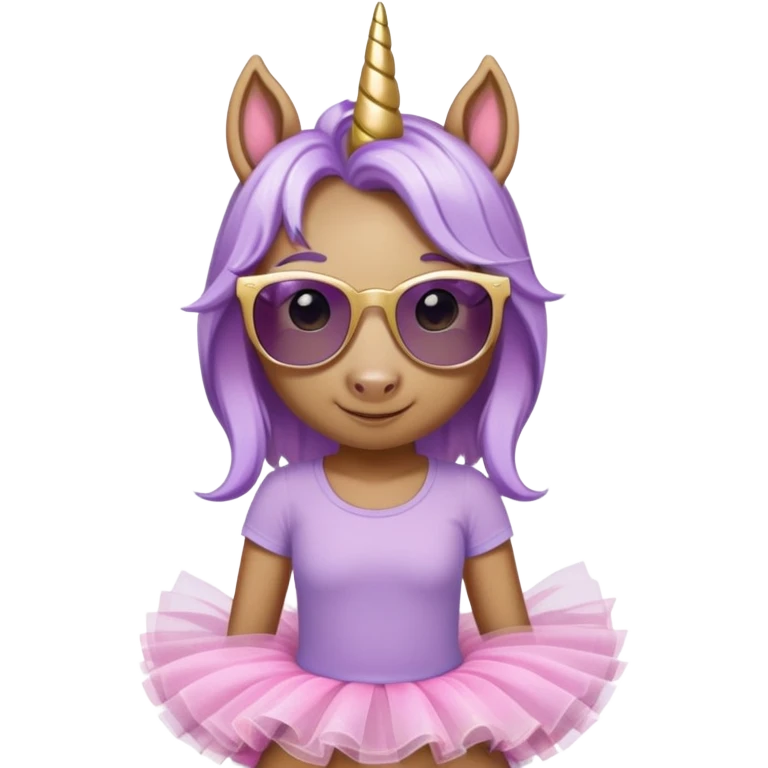 head and shoulders portrait of a friendly anthropomorphised female unicorn in tutu and pink t-shirt, wearing dark sunglasses, lavender and gold color scheme emoji