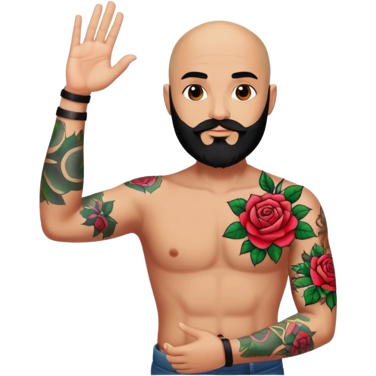 Bald man with black beard raising hand with colorful roses tattoo on forearm only emoji