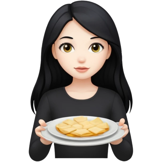 Pale girl with black long hair holding a plate emoji