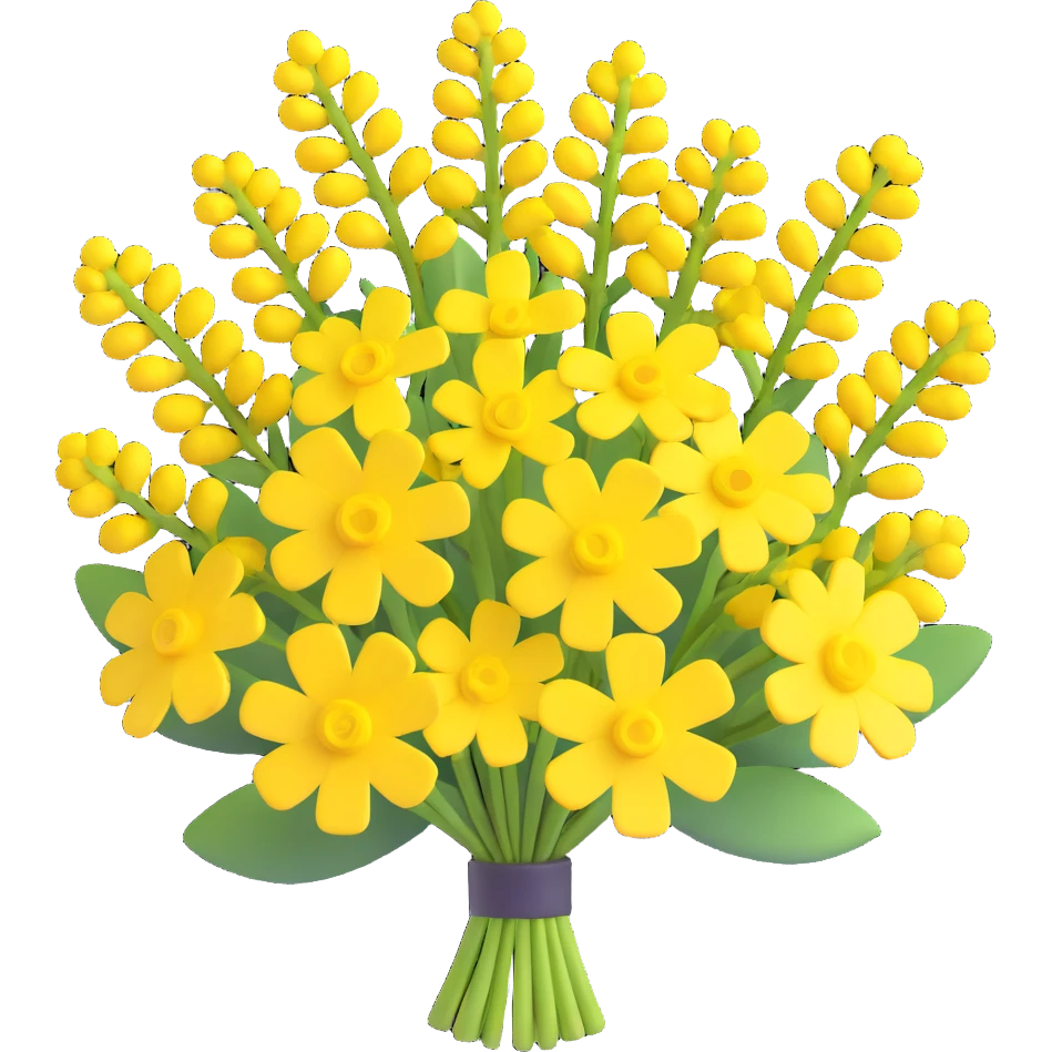 Remove the frame from the image and arrange the yellow yarrow flowers into a bouquet, maintaining the same 3D iOS cartoon style. The bouquet should have no faces or smiles, just the flowers arranged nicely. emoji