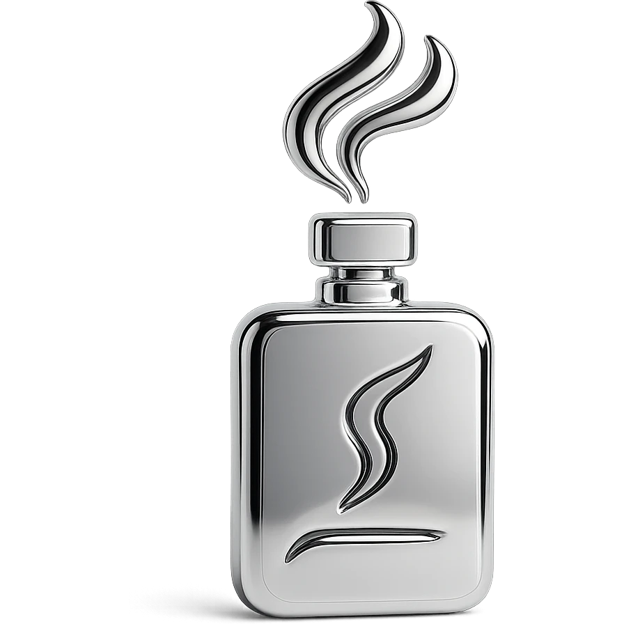 Minimal symbolic icon representing a signature fragrance: abstract vapor or mist emerging from a sleek bottle emoji