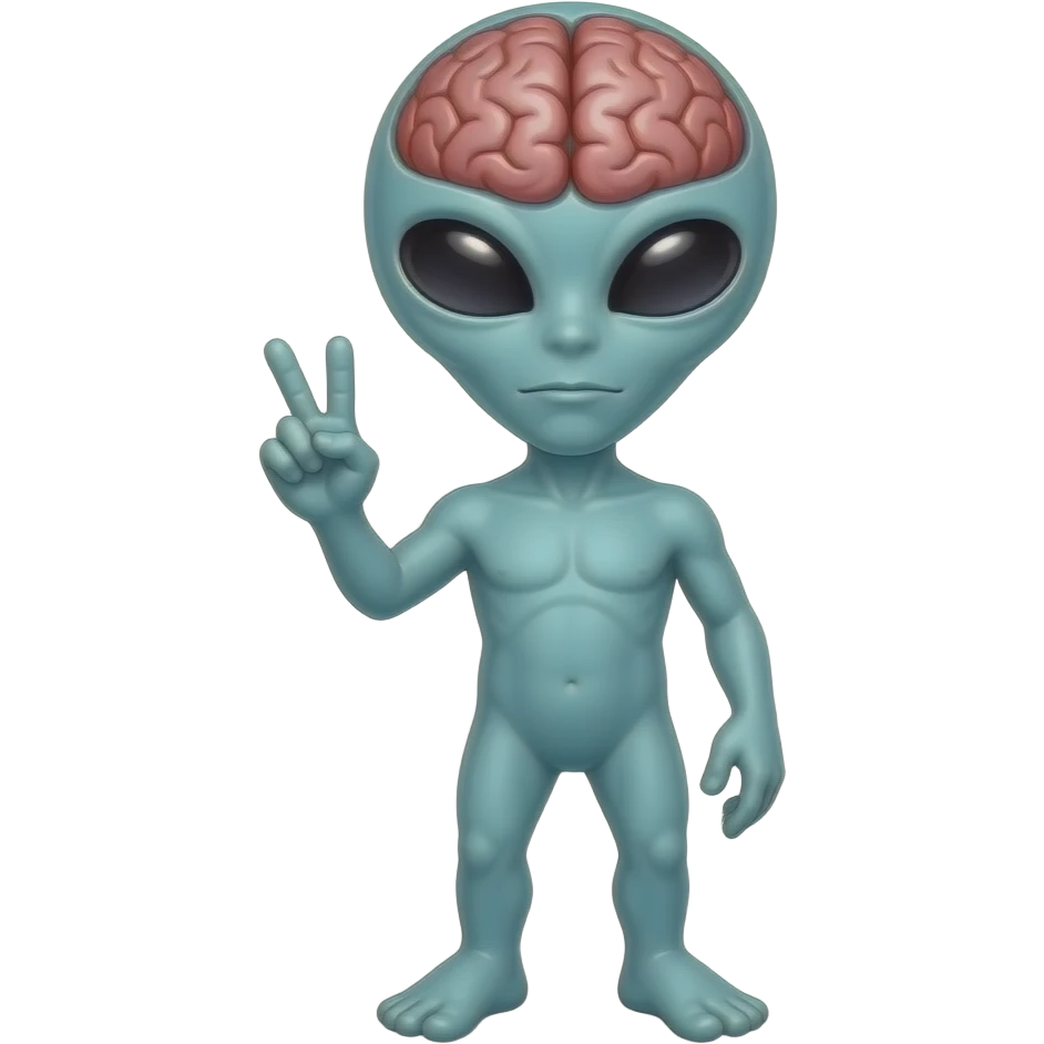 Dmt psychedelic alien with enlarged brain throwing peace sign emoji