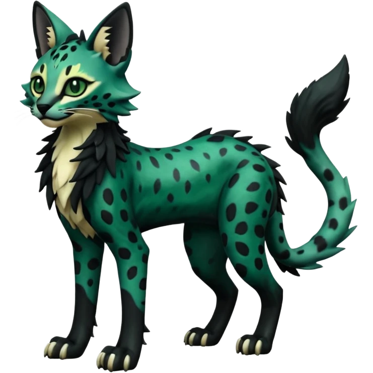 Epic complex knightly divine glorious futuristic detailed dark dusky gloomy deep gothic dark-deep-green, black, realistic Fakémon-Sprigatito-Floragato-Meowscarada-Trico-Sergal-Serval-Vernid-creature (full body) emoji