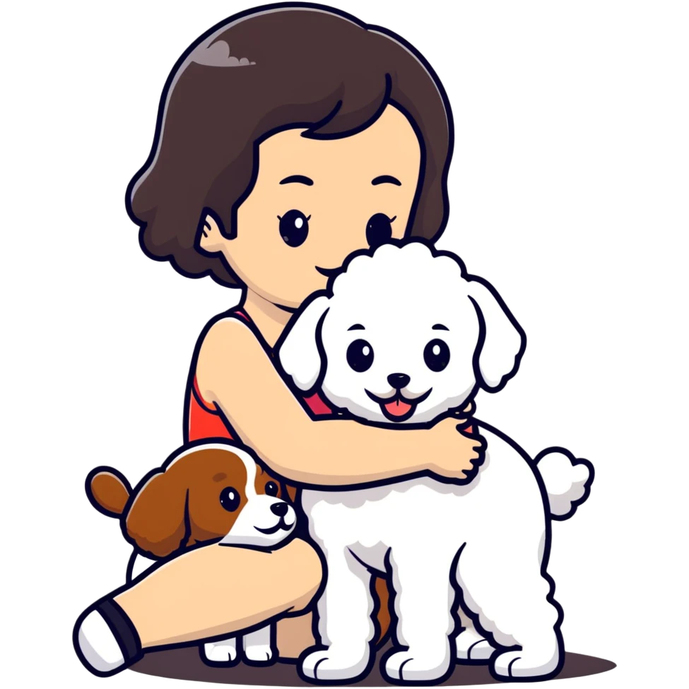 woman with short black hair hugging a brown poodle and a white bichon frise emoji
