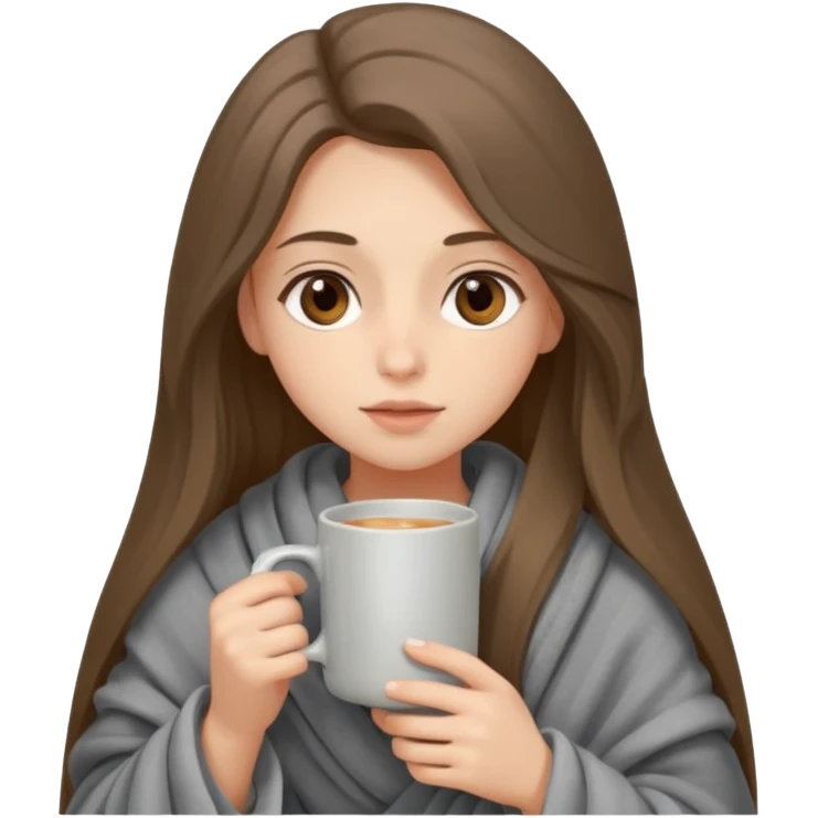 Brown-eyed, fair-skinned girl with long hair down to her shoulders, wrapped in a gray blanket, drinking from a New Year's mug emoji